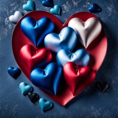 Fototapeta premium Blue and Red silk hearts on a Blue color background