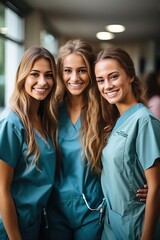 Fototapeta premium Three female nurses posing for a photo in a hospital hallway