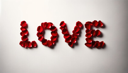 Elegant 'Love' Spelled in Red Rose Petals on White Background - Perfect for Romantic, Valentine's Day, Wedding, and Anniversary Themes