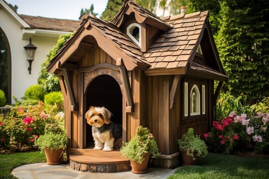 Step into a lifelike image capturing the essence of a traditional dog house, with its timeless exterior, meticulous handmade details, and an inviting character that evokes nostalgia