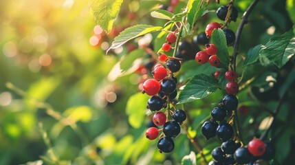  a bunch of berries hanging from a tree with green leaves and sunlight shining through the leaves on the other side of the branch, in the foreground is a blurry background.