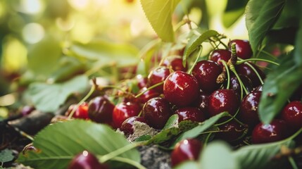 Obraz premium a close up of a bunch of cherries growing on a tree with green leaves and sunlight shining through the leaves of the cherries on a sunny day in a sunny day.