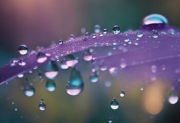 Beautiful large transparent water drops or rain water on blue purple turquoise soft background macro