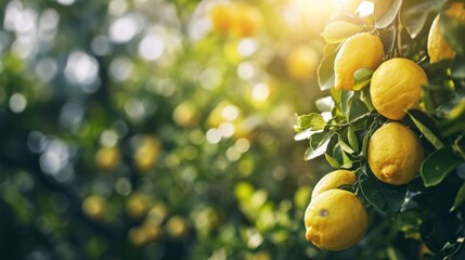 a bunch of lemons hanging from a tree with the sun shining through the leaves and the fruit on the tree is ripe and ready to be picked from the tree.