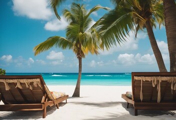 Fototapeta na wymiar Beautiful tropical beach with white sand and two sun loungers on background of turquoise ocean and b