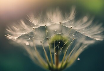 Beautiful shiny dew water drop on dandelion seed in nature Close-up macro Sparkling bokeh Dark blue
