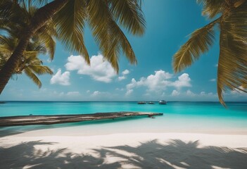 Beautiful tropical beach with white sand turquoise ocean on background blue sky with clouds on sunny
