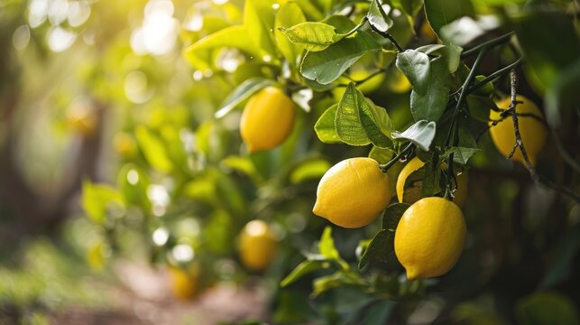  a bunch of lemons growing on a tree in a garden with sunlight shining on the leaves and the fruit still on the tree and the tree in the foreground.