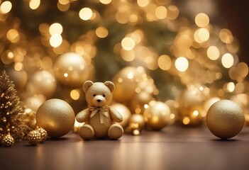 Christmas tree decorated with Golden balls and toy bears on a blurred sparkling and fabulous fairy g