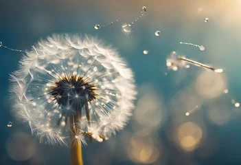 Foto op Plexiglas Dandelion Seeds in the drops of dew on a beautiful blurred background Dandelions on a beautiful blue © ArtisticLens