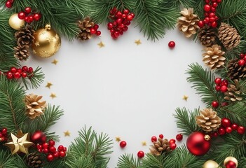 Naklejka na ściany i meble Festive Christmas border isolated on white background Fir green branches are decorated with gold sta