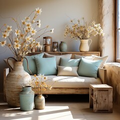 Fototapeta na wymiar Dried flowers in rustic living room