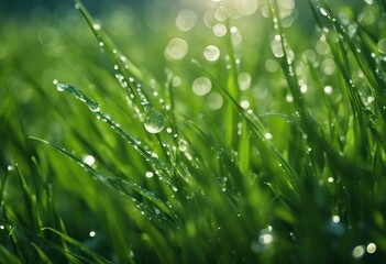 Juicy lush green grass on meadow with drops of water dew in morning light in spring summer outdoors