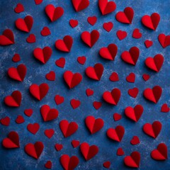 Red silk hearts on a Blue color background