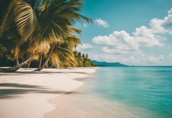 Summer landscape nature of tropical golden beach and leaf palm soft focus Golden sand beach with gla