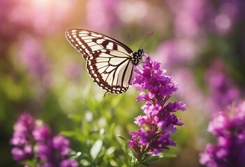 Surprisingly beautiful colorful floral background Heather flowers and butterfly in rays of summer su