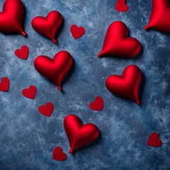Red silk hearts on a Blue color background