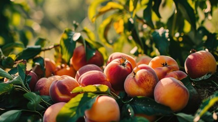  a pile of ripe peaches sitting on top of a lush green leaf covered tree filled with lots of ripe, unripe, unripe, unripe, unripe, unripe, unripe, unripe, ripe peaches, ripe peach.