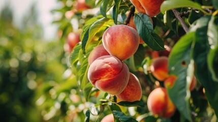  a tree filled with lots of ripe peaches on top of a green leaf covered tree filled with lots of ripe peaches on top of green leaves on a sunny day.