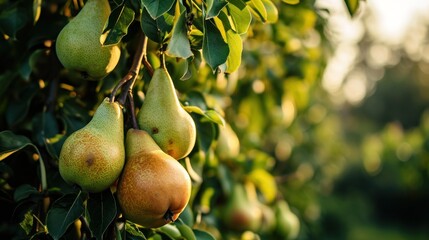  a tree filled with lots of ripe pears hanging from it's branches in a field of green grass and trees with lots of ripe pears hanging from the branches. - obrazy, fototapety, plakaty