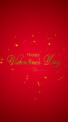Fototapeta na wymiar vertical golden happy valentines day text calligraphy and shiny glowing hearts on red background, love and 14 February concept social media background