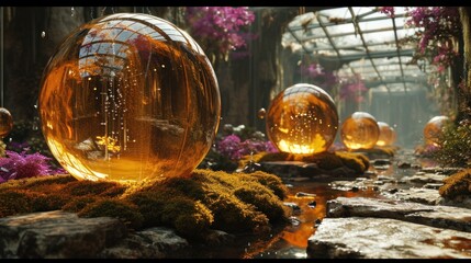  a group of glass orbs sitting on top of a moss covered ground next to a pond of water surrounded by rocks and plants with purple flowers in the background. - obrazy, fototapety, plakaty