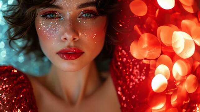 Close-up of a brunette with glitter makeup and red sparkling dress on bokeh lights background. Concept for masquerade, holiday, corporate party and nightlife.
