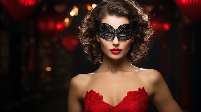 Glamorous brunette with bright makeup in a masquerade mask and red sequin dress on a dark background. Concept for masquerade, holiday, corporate party and nightlife. Ideal for fashion, luxury content