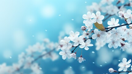 Selective focus of beautiful branches of white Cherry blossoms on the tree under blue sky, Beautiful Sakura flowers during spring season in the park, Floral pattern texture, Nature background. - obrazy, fototapety, plakaty