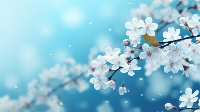 Selective focus of beautiful branches of white Cherry blossoms on the tree under blue sky, Beautiful Sakura flowers during spring season in the park, Floral pattern texture, Nature background.