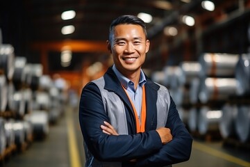 Portrait of a smiling Asian man in a factory - obrazy, fototapety, plakaty