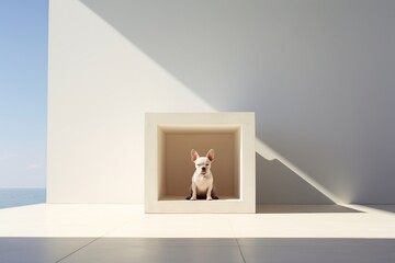 Immerse yourself in a photo-realistic depiction of a minimalist dog house, exuding a sleek and understated design