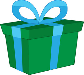 Green gift box and blue ribbon side view flat icon cartoon PNG