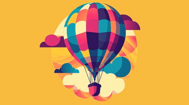  a hot air balloon flying in the sky with clouds and clouds around it, with the words hot air balloon written on the side of the balloon and below the balloon.