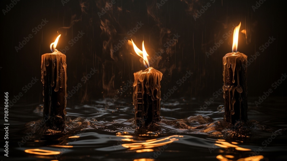 Poster submerged illumination: a captivating display of dark colored lit candles beneath the water surface 