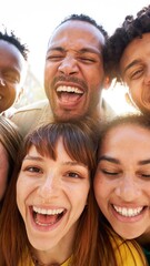 Close up of Five cheerful faces of young friends taking selfie portrait. Happy multicultural people...