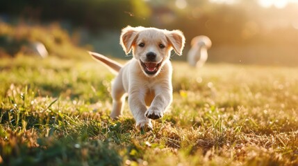  a puppy running through a grassy field with a ball in it's mouth and another dog in the background with a frisbee in it's mouth.