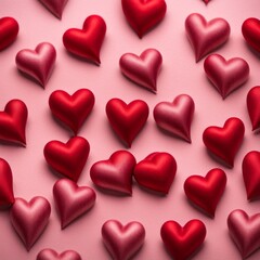 Red silk hearts on a pink concrete background