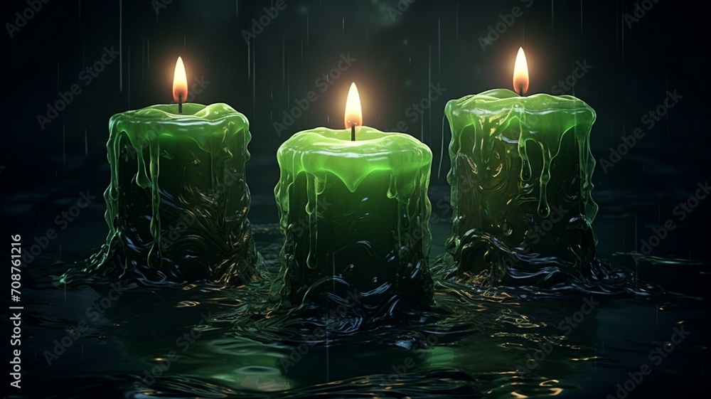 Poster submerged illumination: a captivating display of green lit candles beneath the water surface - ai ge