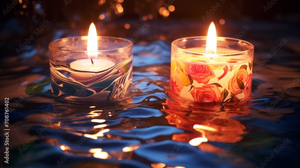 Poster submerged illumination: a captivating display of multicolored lit candles beneath the water surface 