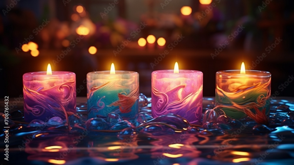 Poster submerged illumination: a captivating display of multicolored lit candles beneath the water surface 