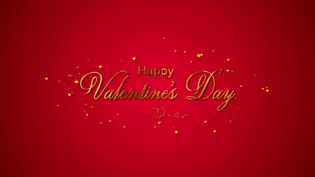 golden happy valentines day text calligraphy and shiny glowing hearts on red background 4k animation, love and 14 February concept motion background