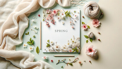 Serene Spring Flatlay for 'SPRING' Magazine, Showcasing Blossoming Flowers and Light Scarves, Perfect for Elegant Seasonal Presentations