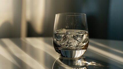Obraz premium a glass of water sitting on a table with ice cubes in the middle of the glass and water in the middle of the glass on top of the table.