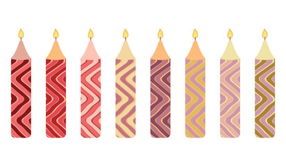 A set of multi-colored candles decorated with patterns. Decorative wax candles for relaxation and spa. Vector flat illustration on white background, EPS 10.