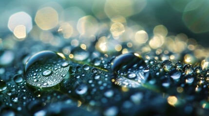  a group of water droplets sitting on top of a green leaf covered in drops of dew on a green leaf covered in drops of water on a green leafy surface. - obrazy, fototapety, plakaty
