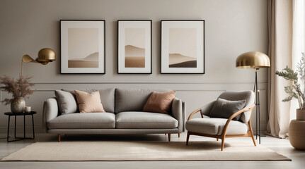 Sala de estar moderna estilo Noruego. Sillón gris cerca de un sofá de dos plazas beige contra una pared blanca con marcos de carteles. - obrazy, fototapety, plakaty