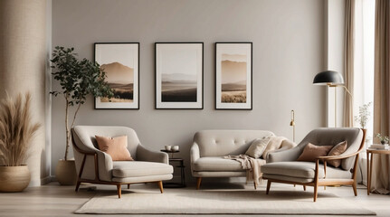 Sala de estar moderna estilo Noruego. Sillón gris cerca de un sofá de dos plazas beige contra una pared blanca con marcos de carteles.