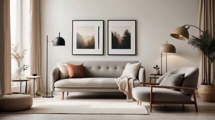 Sala de estar moderna estilo Noruego. Sillón gris cerca de un sofá de dos plazas beige contra una...