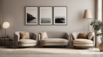 Sala de estar moderna estilo Noruego. Sillón gris cerca de un sofá de dos plazas beige contra una pared blanca con marcos de carteles.